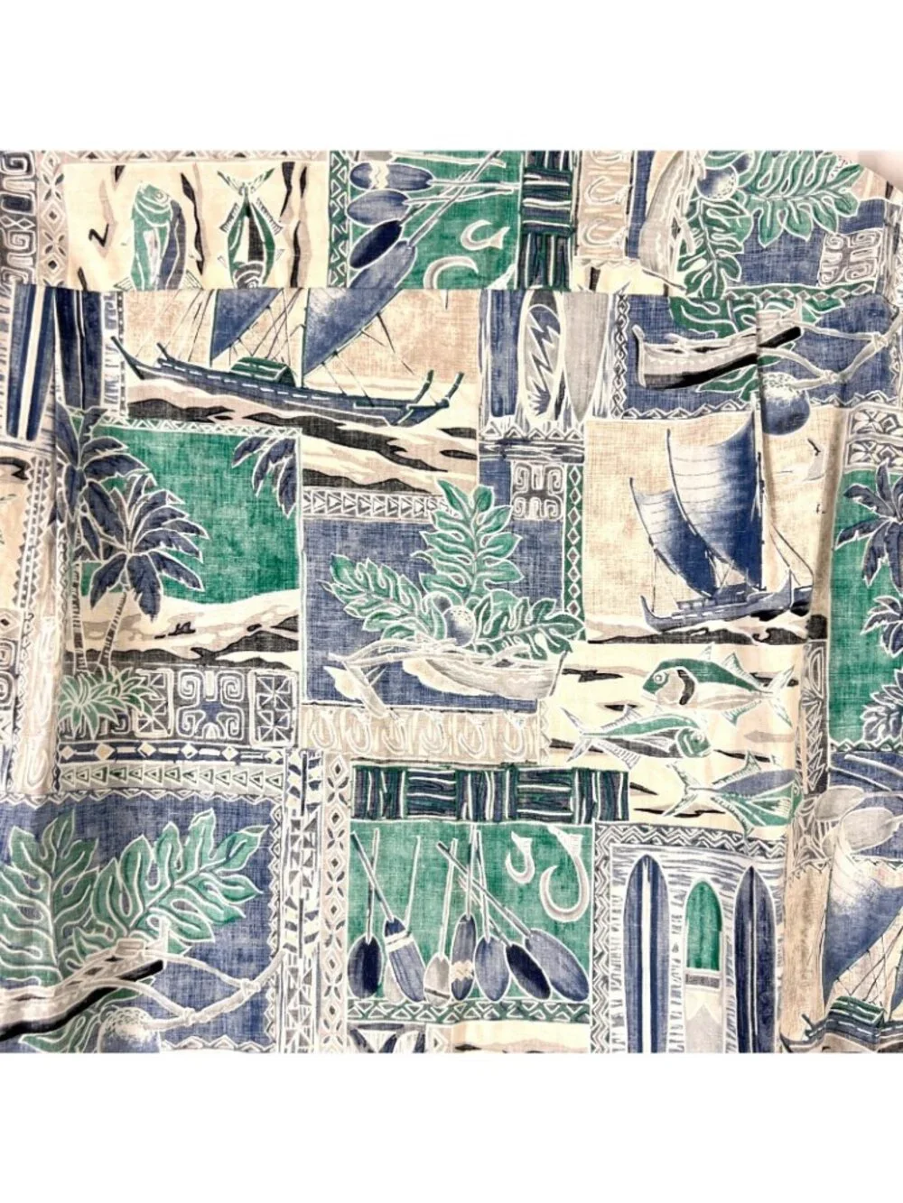 RJC Tapa Fish Canoe Ocean Mens Hawaiian Shirt size XL 49x31 Cotton USA Made